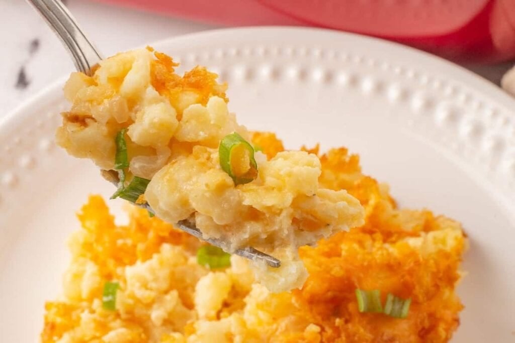 A close up shot of hashbrown casserole.