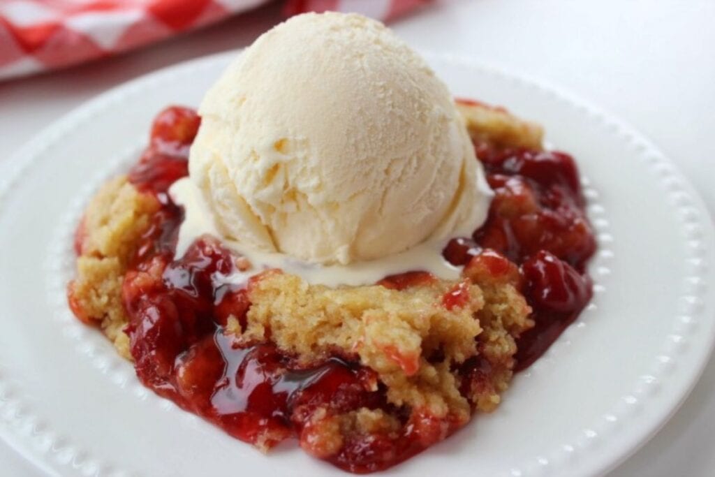 A close up shot of cherry dump cake.