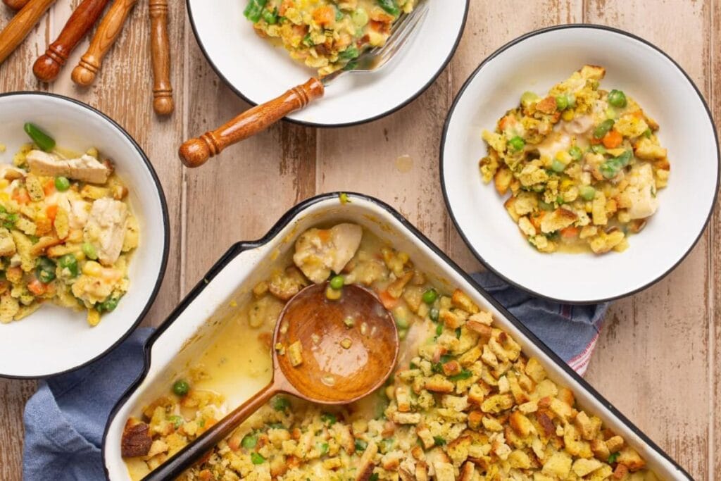 A close up shot of chicken stuffing casserole,