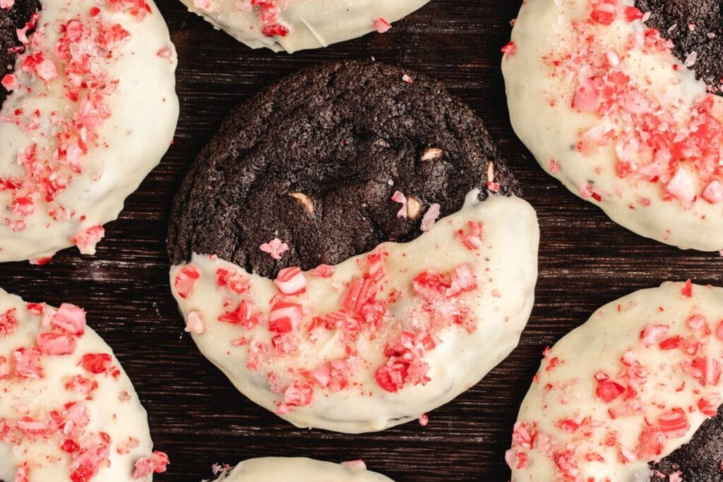 A close up shot of chocolate candy cane cookies.