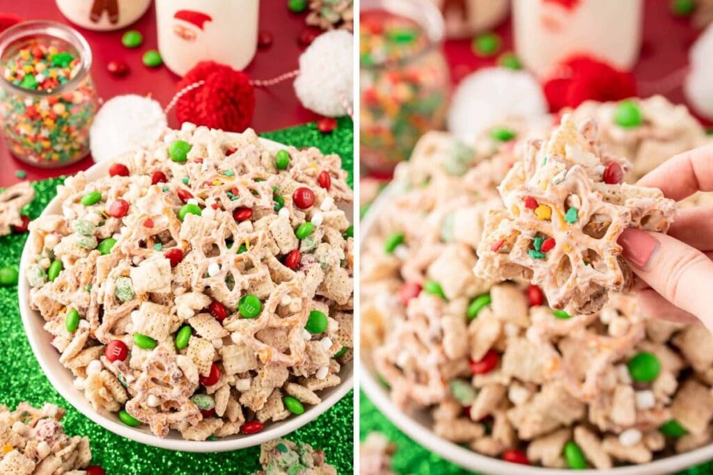 Two images: Christmas Chex mix in a bowl with M&Ms and pretzels.