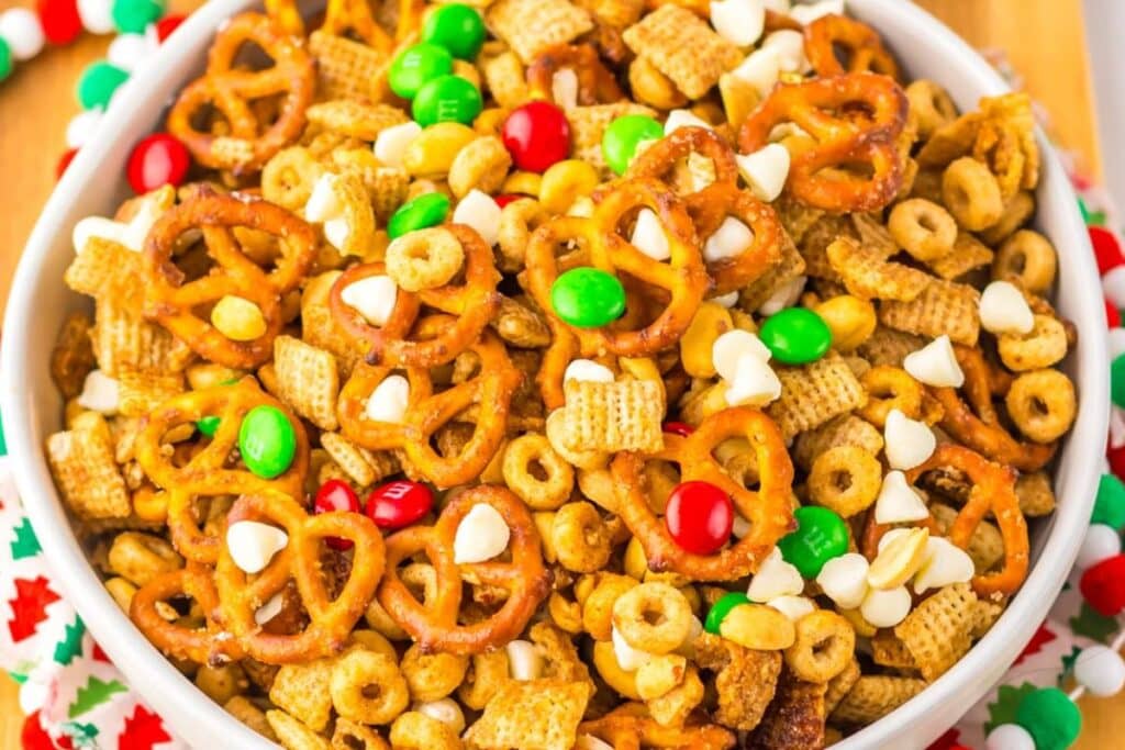 A close up shot of chex mix.