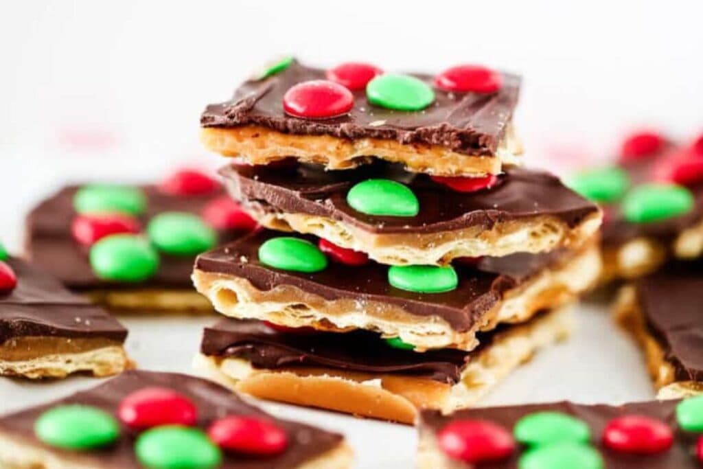 Stack of Christmas Crack with red and green M&Ms.