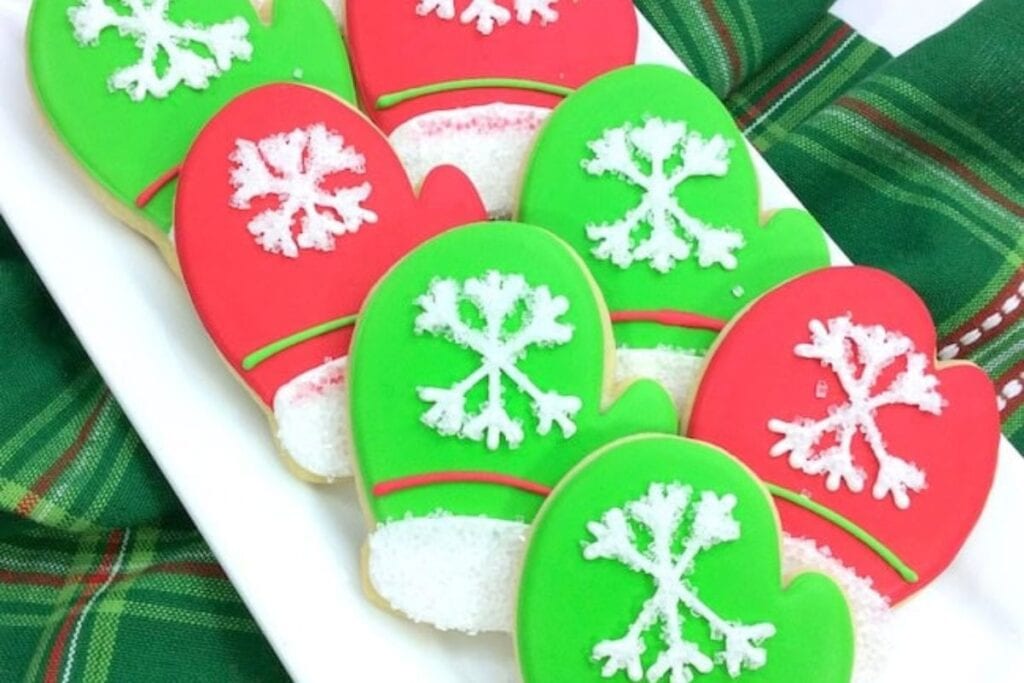 A close up shot of mitten sugar cookies.