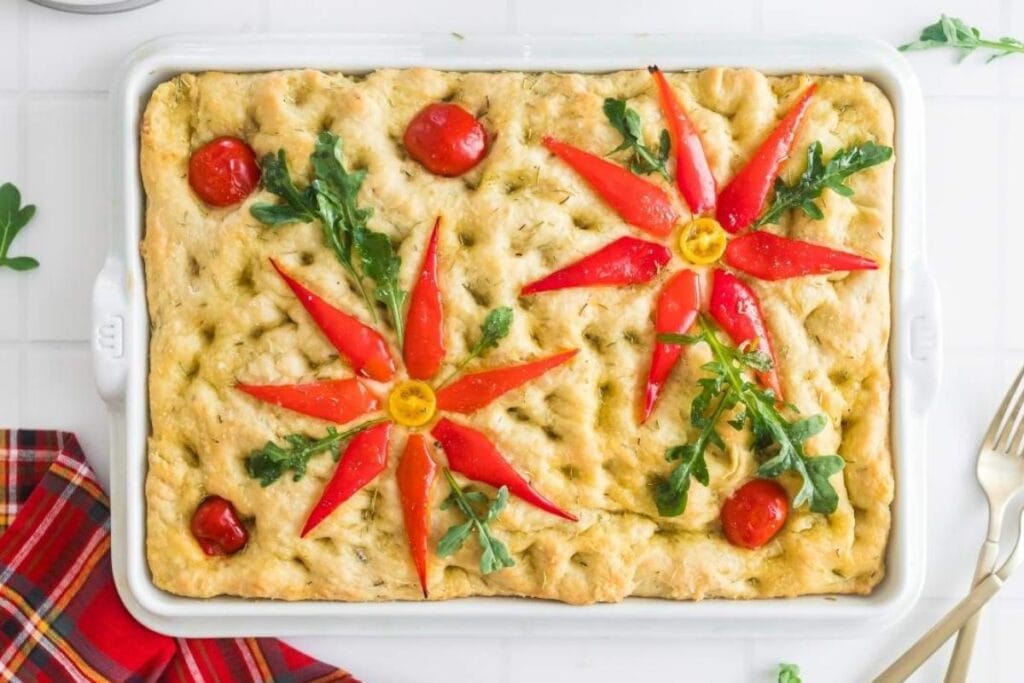 A close up shot of focaccia bread.
