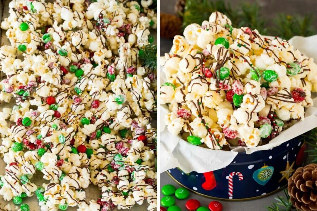 Two images: Christmas popcorn with chocolate drizzle and M&Ms in a tin.