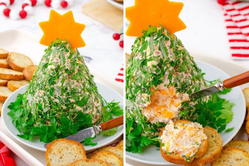 Collage of Christmas tree cheese ball.