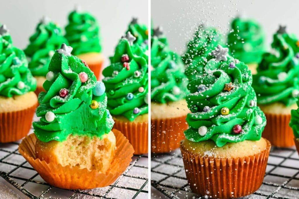 Two images: Christmas tree cupcakes with green frosting, sprinkles, and a star.