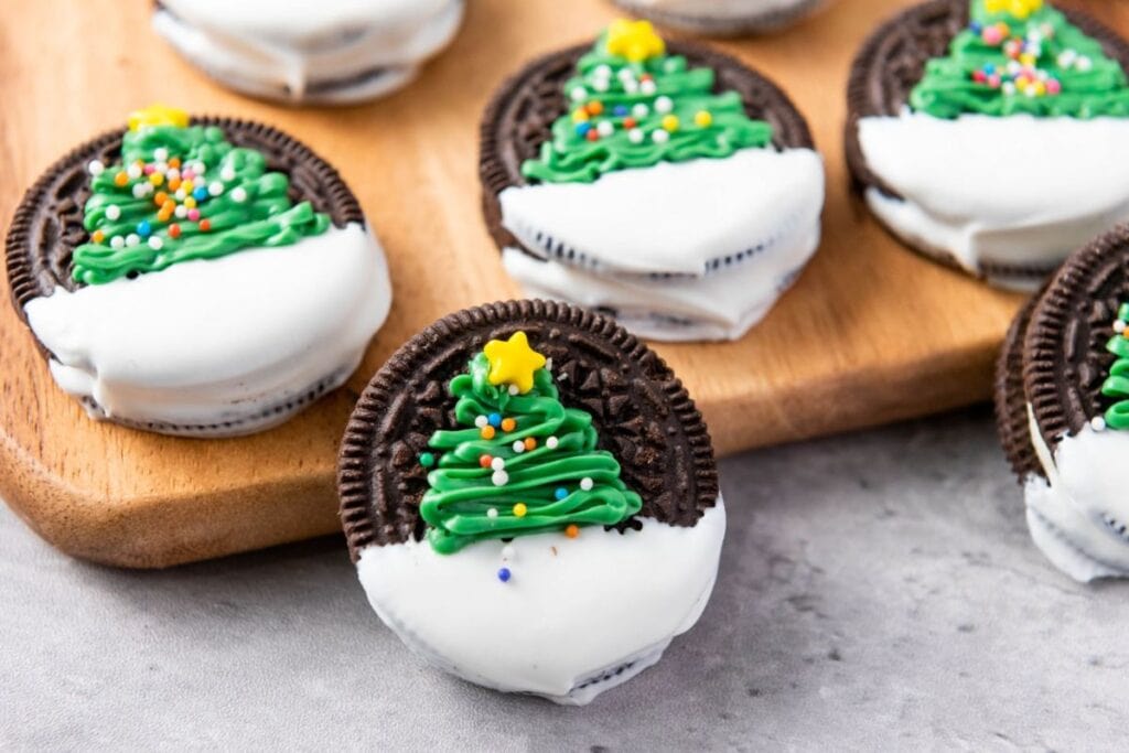 A close up shot of Christmas tree Oreos.