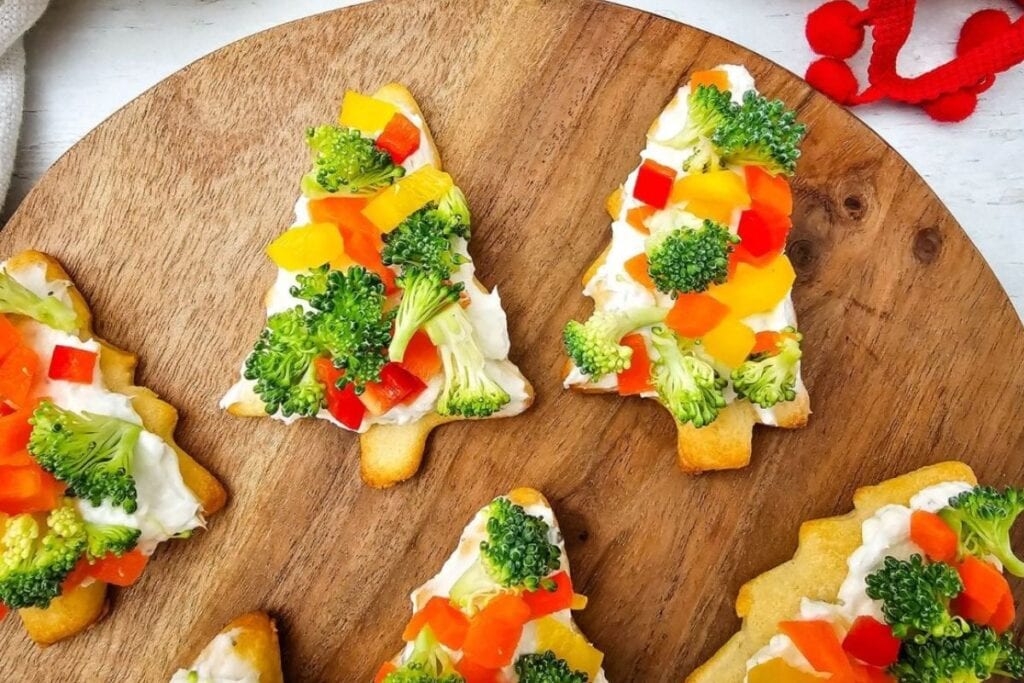 A close up shot of Christmas tree pizzas.