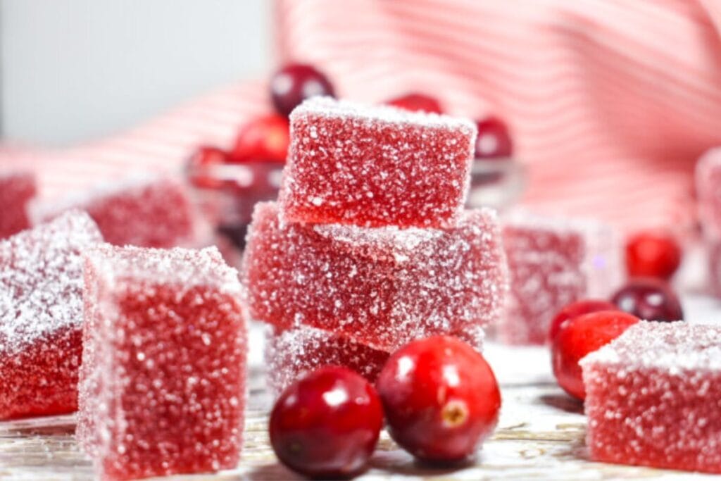 A close up shot of cranberry jellies.