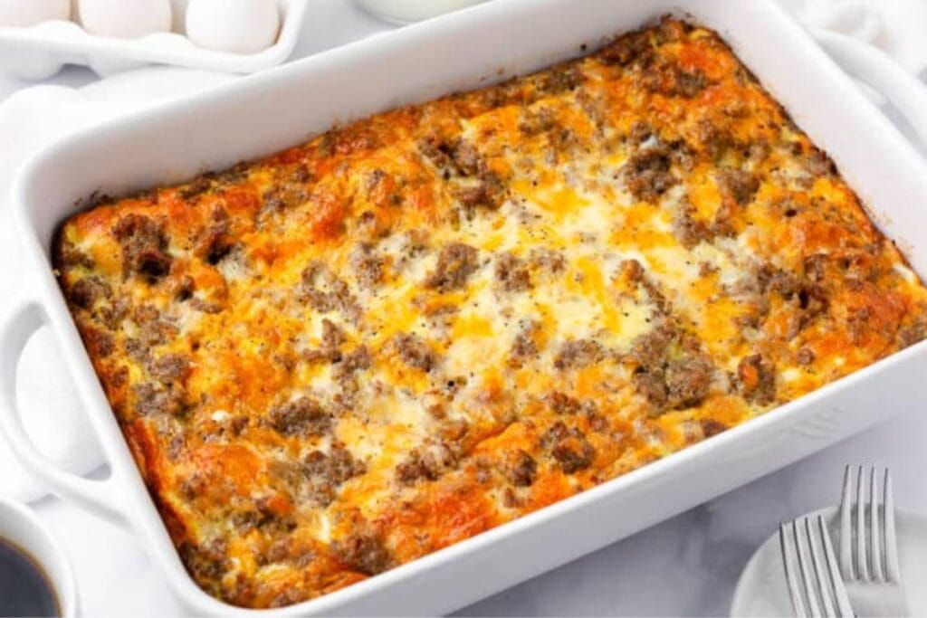 A close up shot of breakfast casserole.