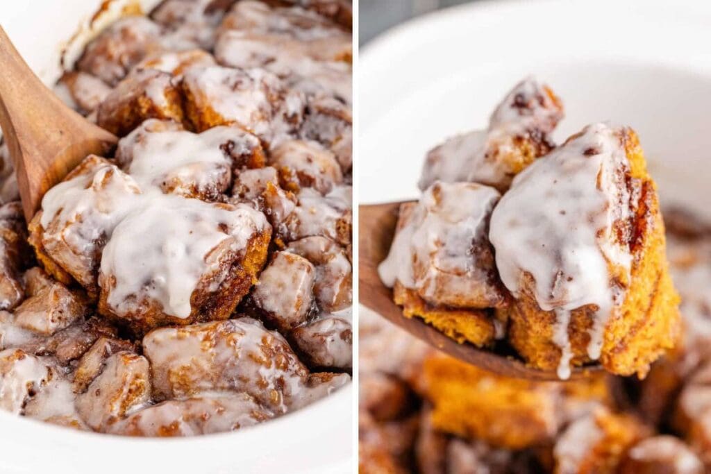 Two images: cinnamon bun casserole with glaze and a spoonful of casserole.