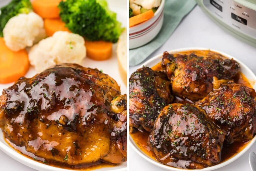 Two images: BBQ chicken thighs with carrots, broccoli, cauliflower, and slow cooker.