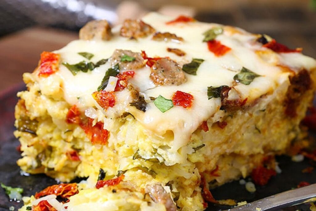 A close up shot of breakfast casserole.