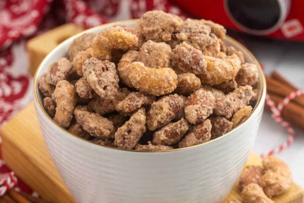 A close up shot of candied nuts.