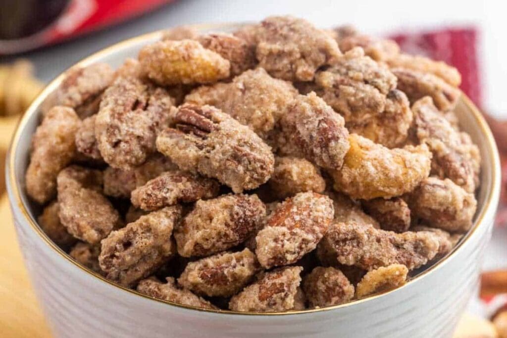 A close up shot of candied nuts.