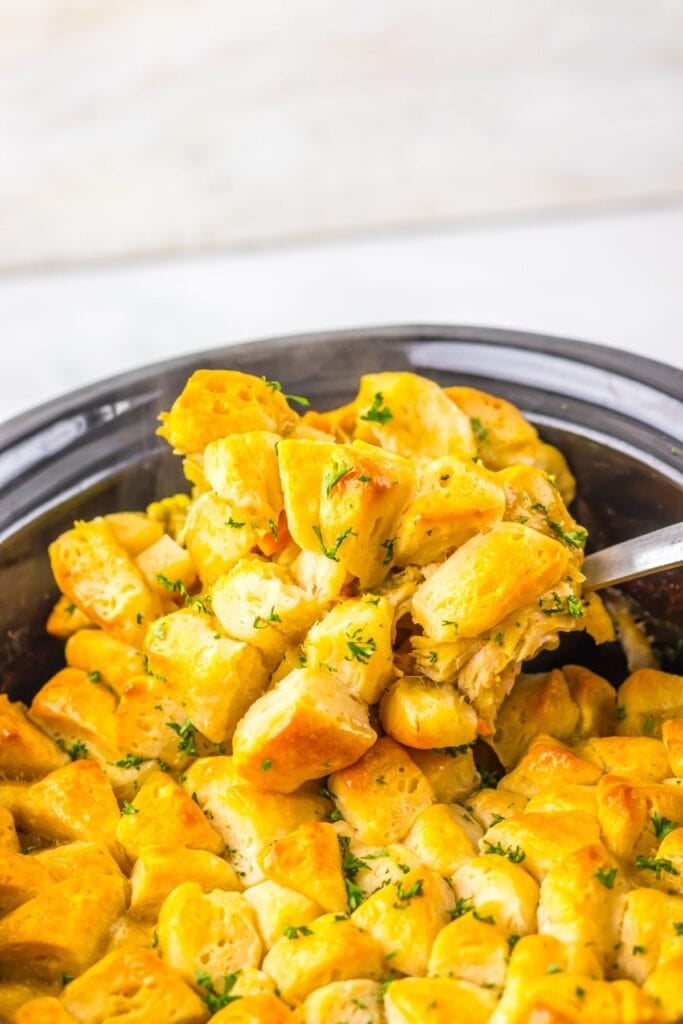 A close up shot of chicken pot pie casserole.