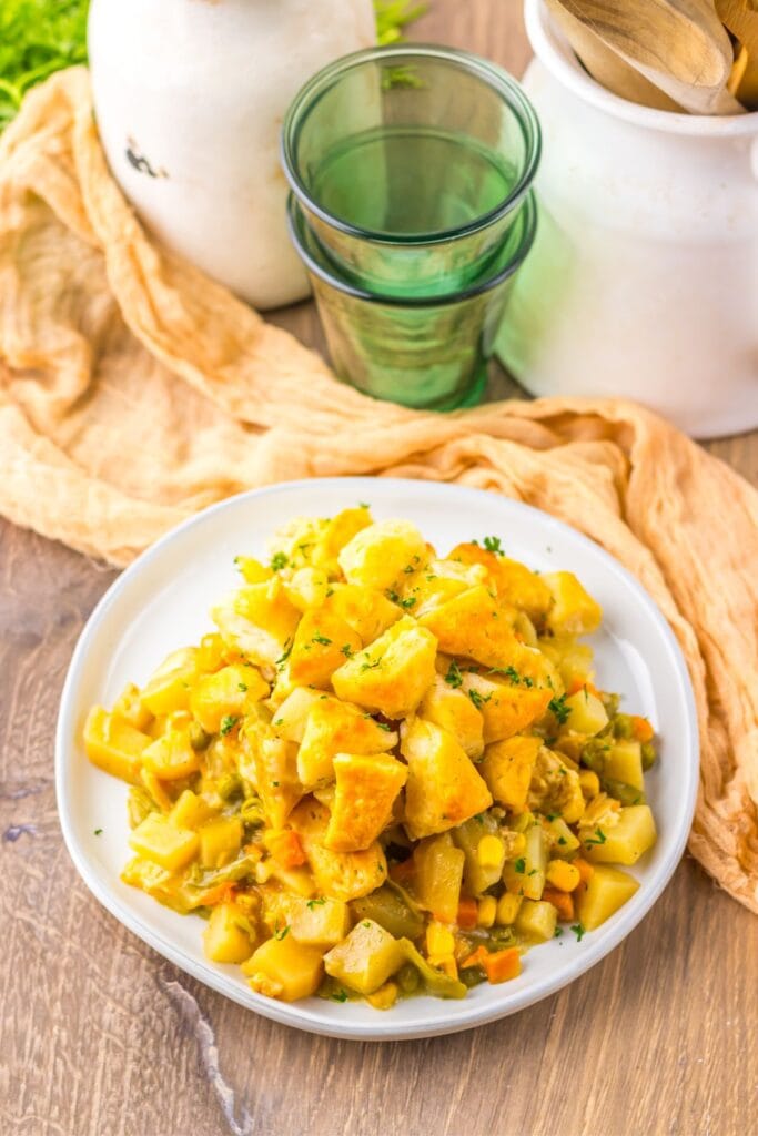 A close up shot of chicken pot pie casserole.
