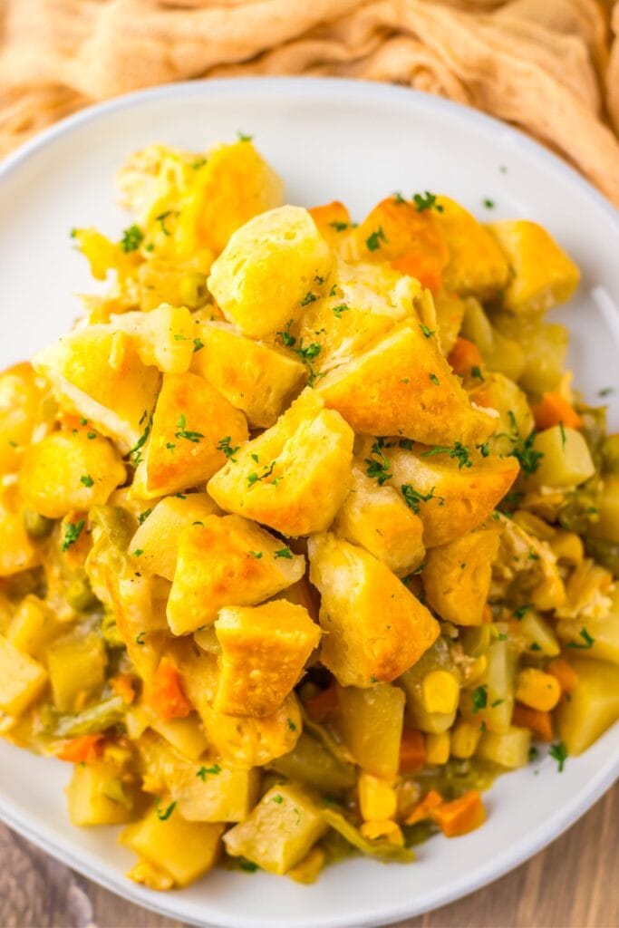 A close up shot of chicken pot pie casserole.