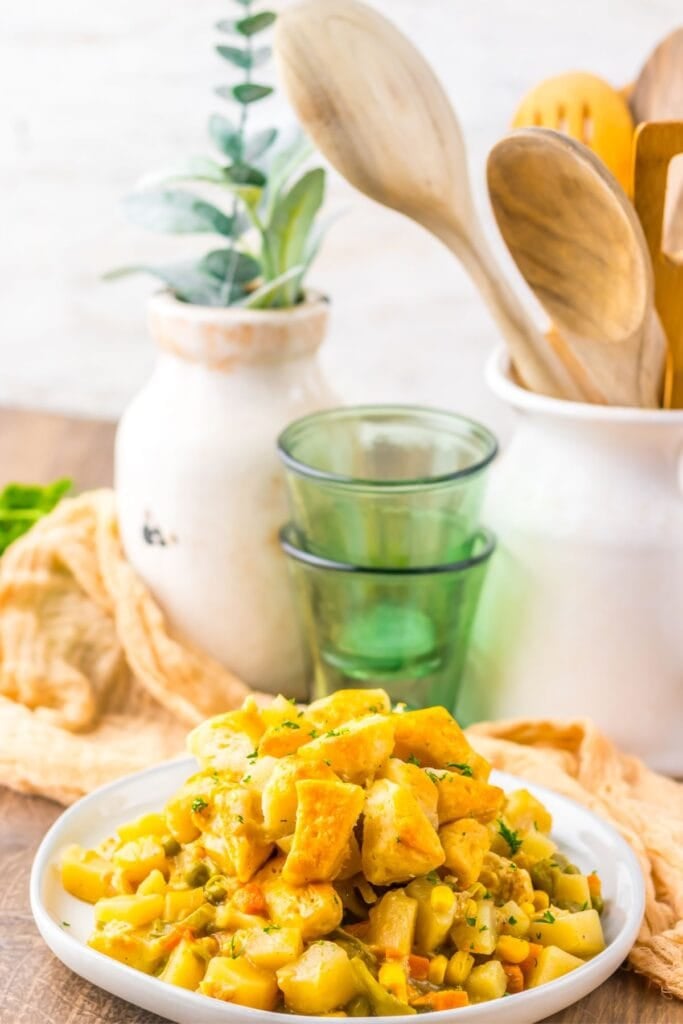 A close up shot of chicken pot pie casserole.