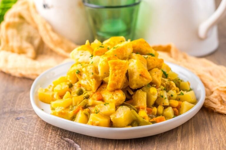 A close up shot of chicken pot pie casserole.