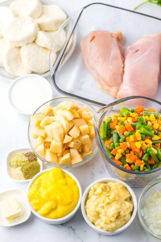 Chicken pot pie ingredients close up shot.