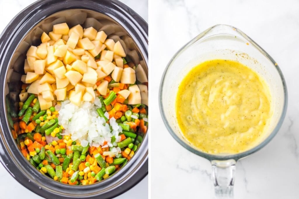 Process shots collage of chicken pot pie.