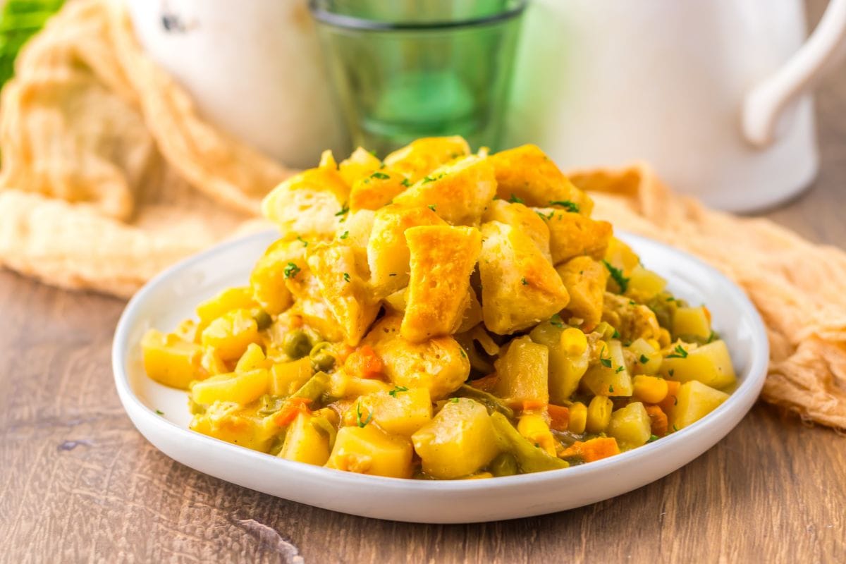 A close up shot of chicken pot pie casserole.