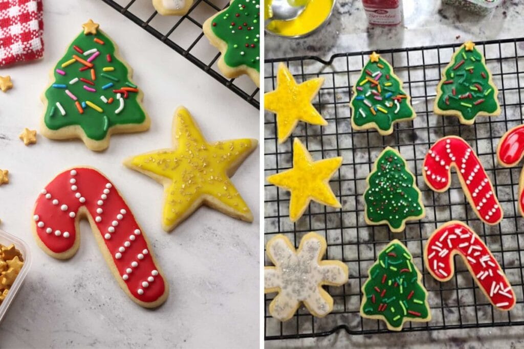 Collage of decorated Christmas cookies: trees, stars, candy canes, and snowflakes.
