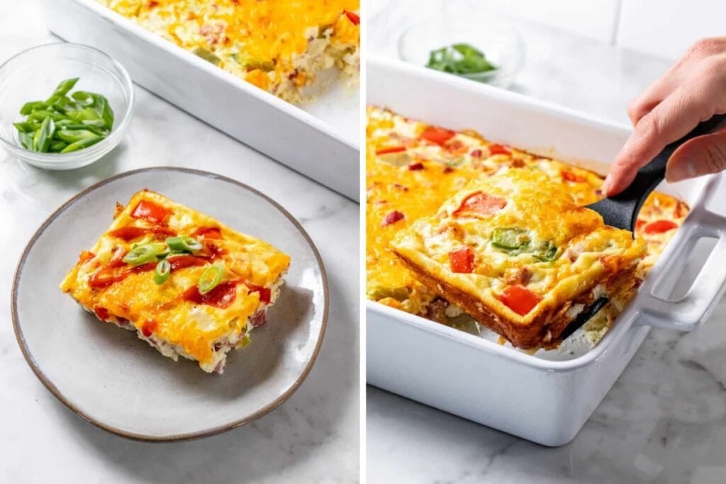 Two images: slice of Denver omelet casserole on plate, and being lifted from dish.
