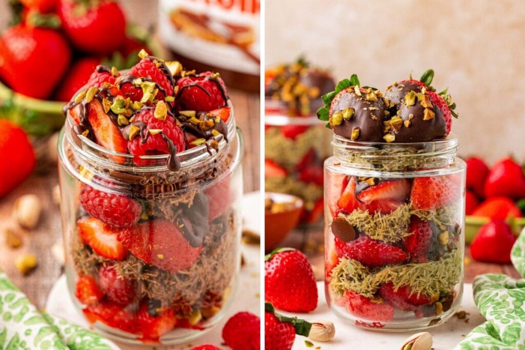 Strawberry and raspberry parfait in a jar with chocolate shavings and pistachios.