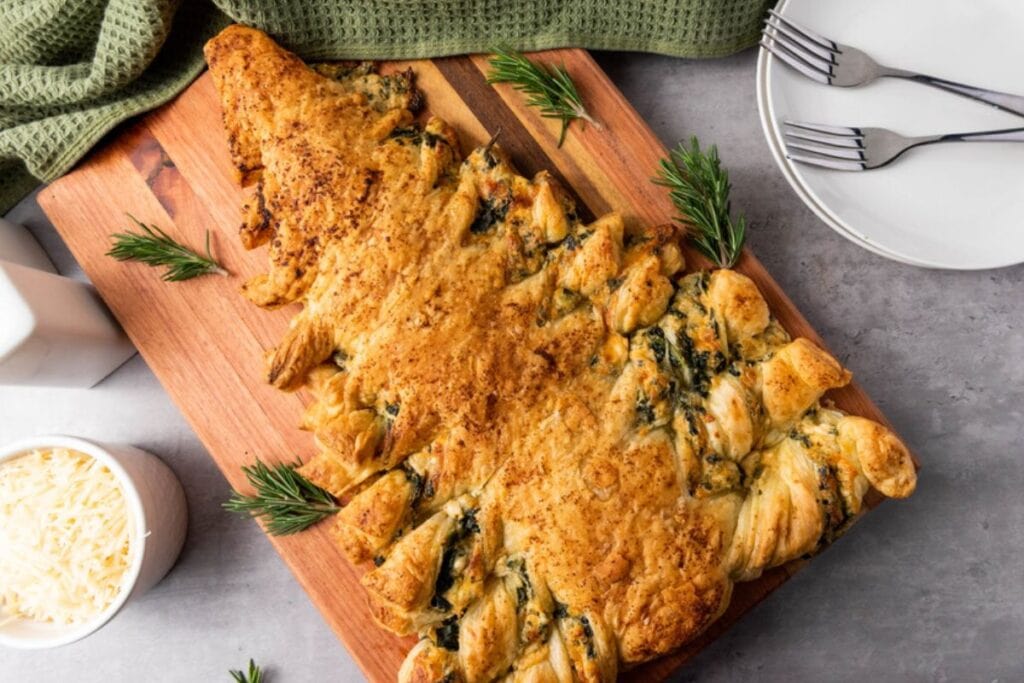 A close up shot of puff pastry Christmas tree.