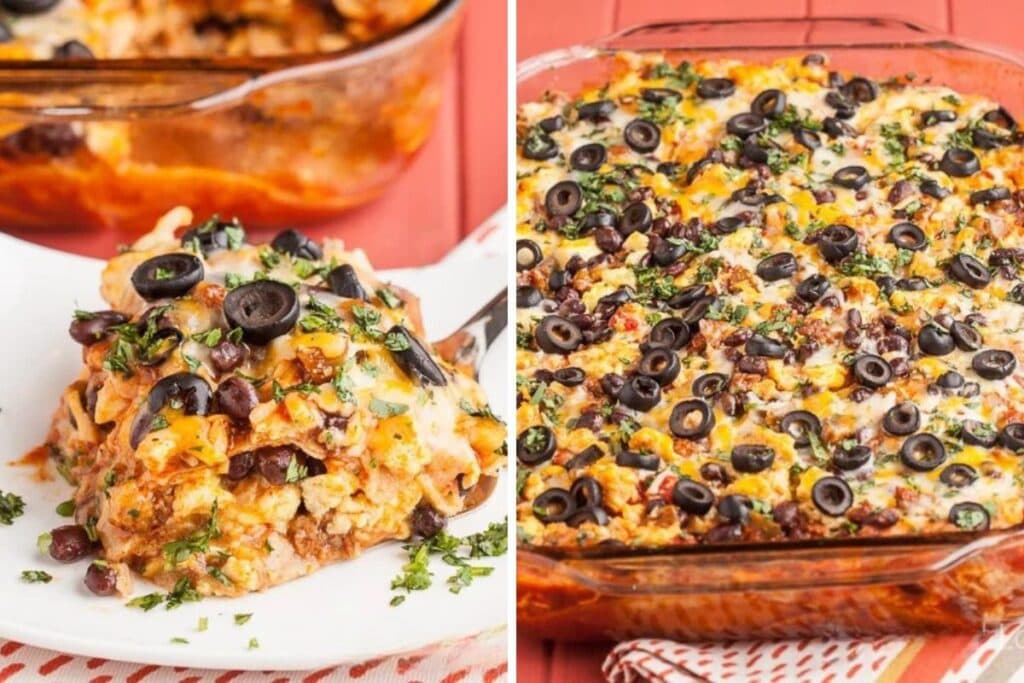 Two images: slice of enchilada casserole on plate, casserole in baking dish.