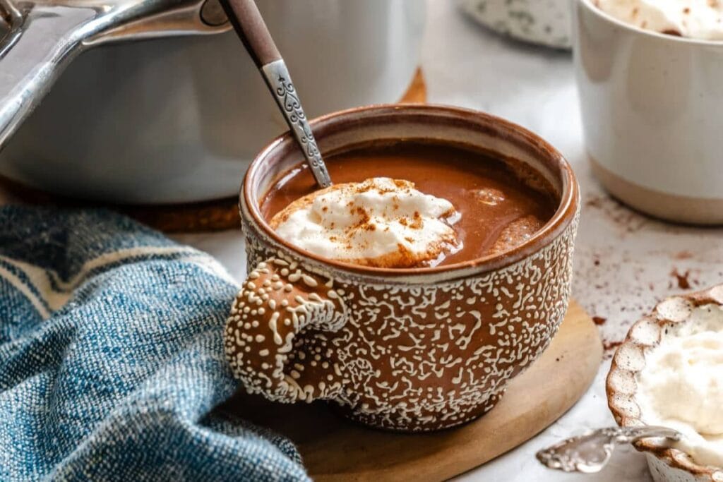 Creamy hot chocolate with whipped cream and a touch of cinnamon in a decorative mug.