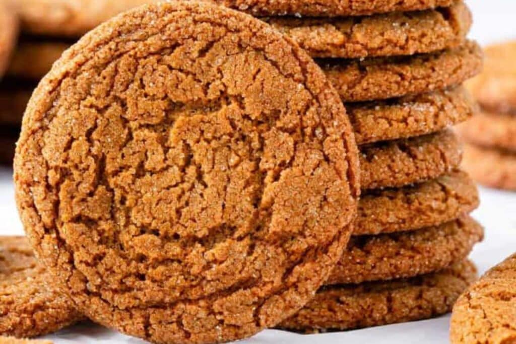 A close up shot of gingersnap cookies.