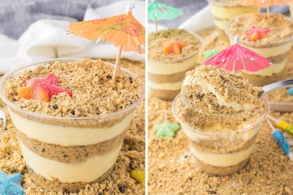 Golden Oreo sand pudding cups with pudding layers, crushed golden Oreos, a gummy starfish, and a paper umbrella.