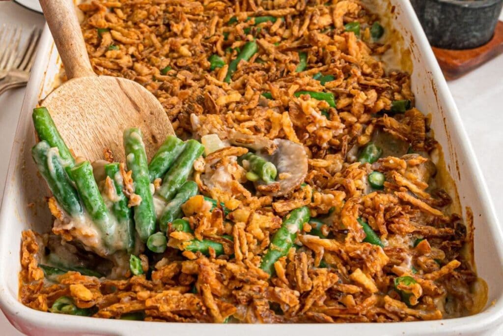 A close up shot of green bean casserole.