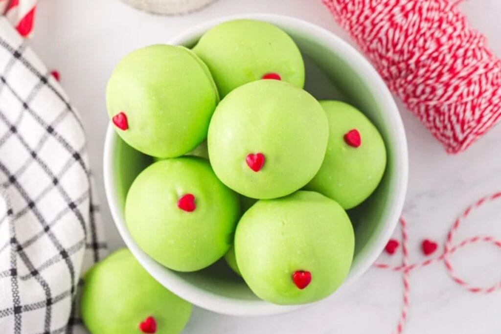 A close up shot of grinch truffles.