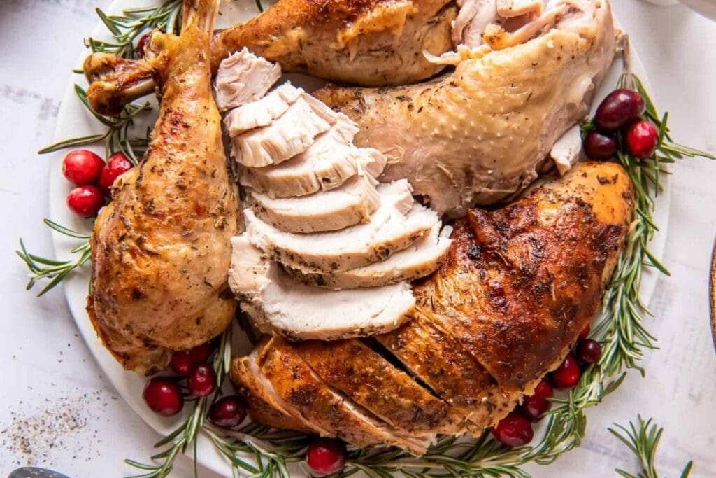 A close up shot of roasted turkey.