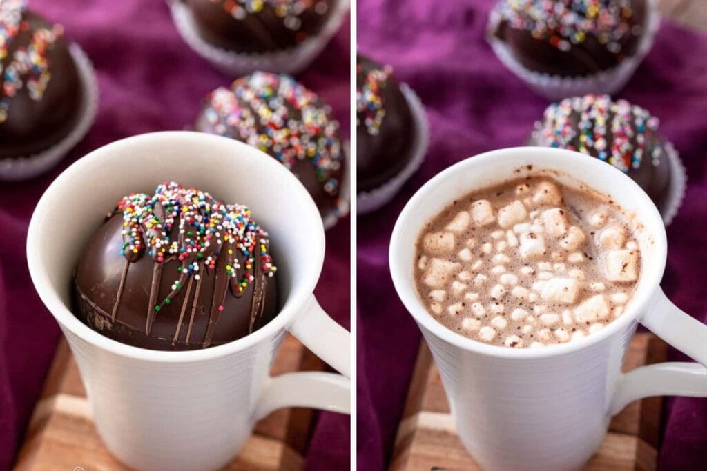 Chocolate bomb in a mug and hot chocolate with marshmallows in another mug.