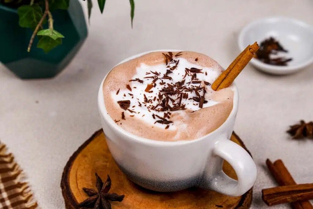 Hot chocolate with whipped cream, chocolate shavings, and a cinnamon stick.