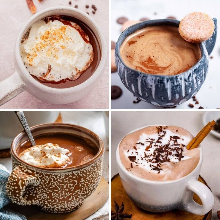 Collage of four mugs of hot chocolate with different toppings and mugs.