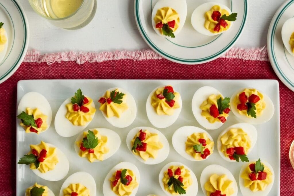 A close up shot of deviled eggs.