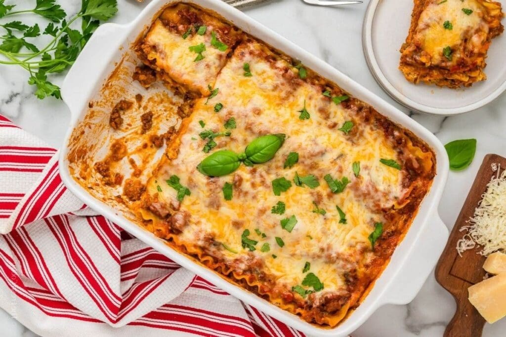 A close up shot of lasagna.