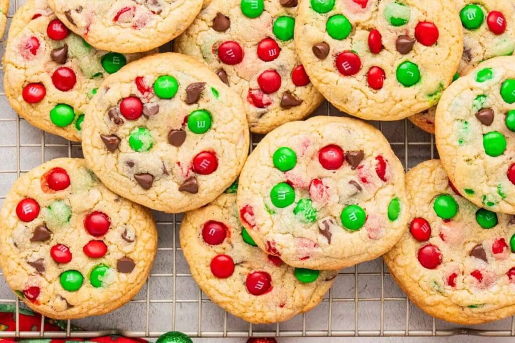 A close up shot of M&M cookies.