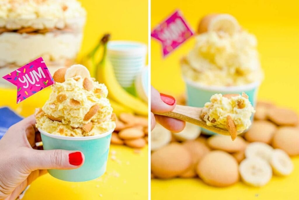 Banana pudding in a cup with Nilla wafers and a "YUM" flag.