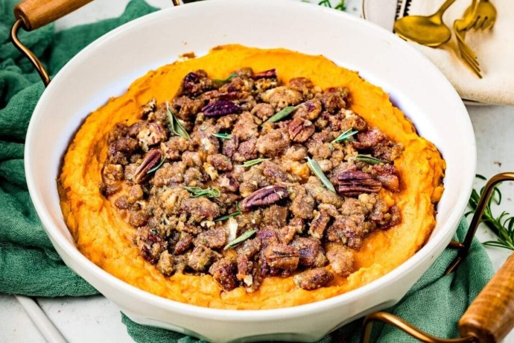 A close up shot of sweet potato casserole.