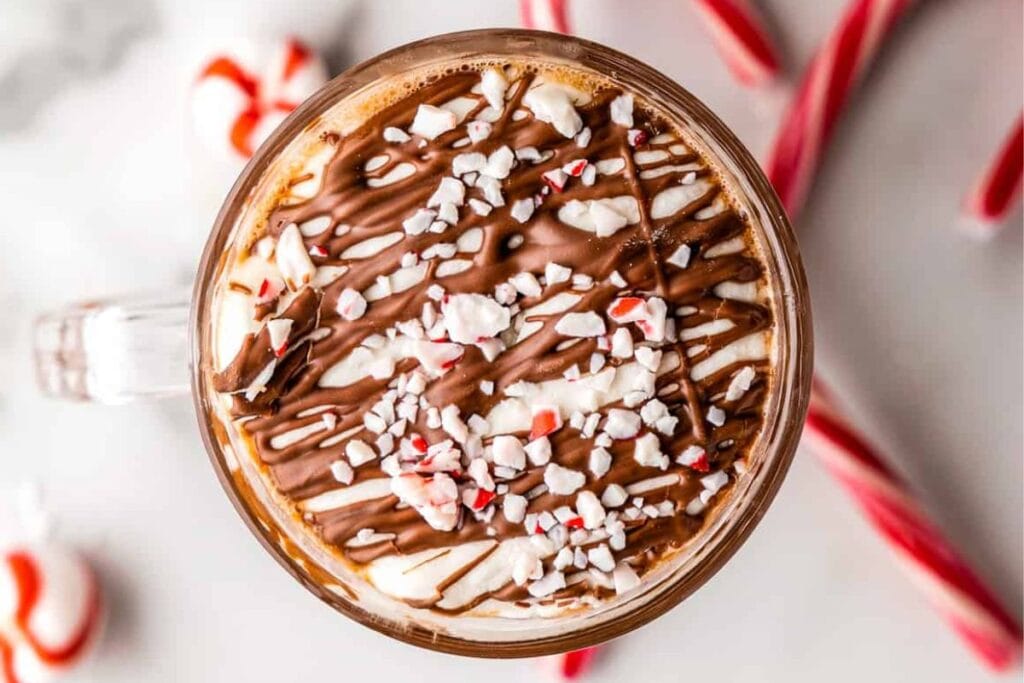 A close up shot of marshmallow hot chocolate.