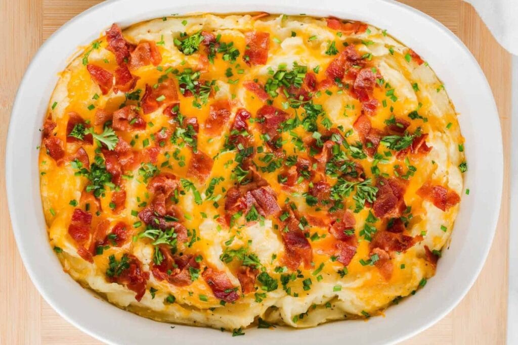 A close up shot of mashed potato casserole.